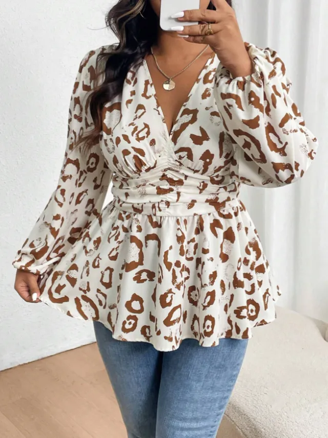 Leopard Print V neck Long Sleeve Shirt Khaki - Shop at LoveMi
