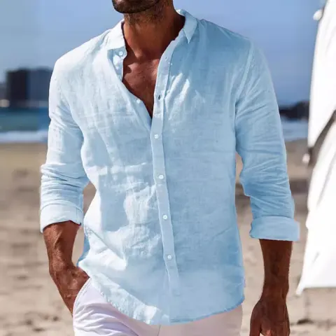Men's Casual Cotton and Linen Solid Color Shirt