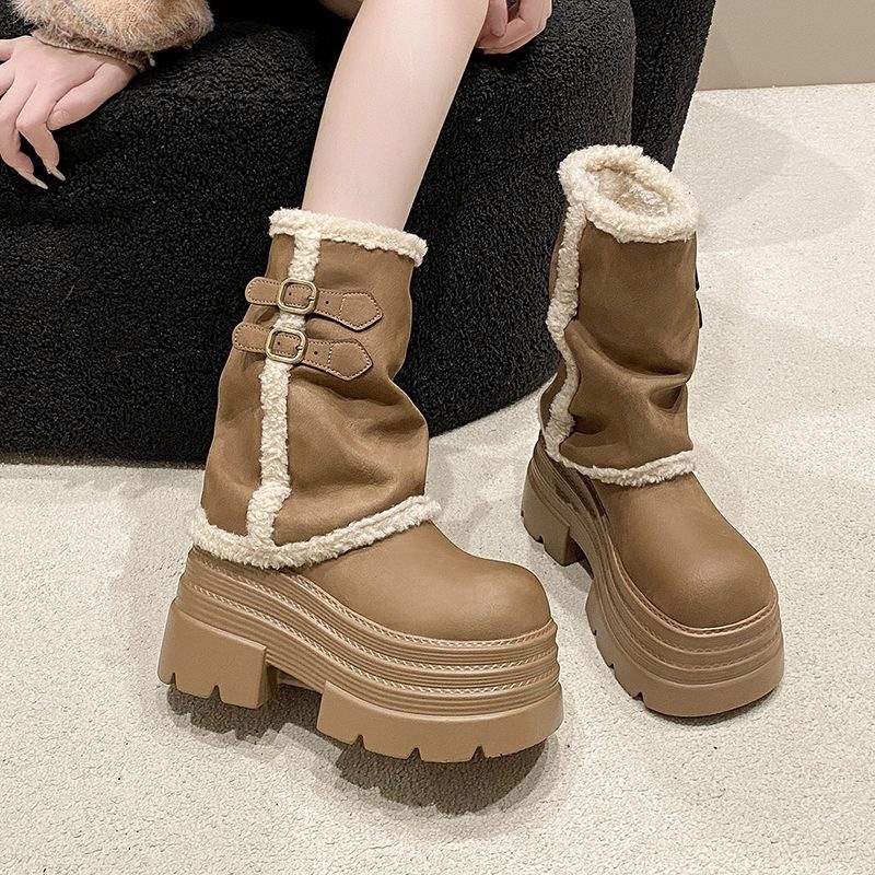 Women's Fleece-Lined Height-Enhancing Mid-Calf Platform Martin Boots