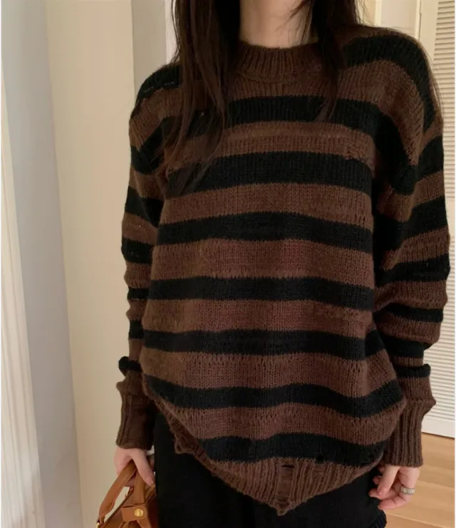 Ripped Outerwear Sweater Female Autumn And Winter Lazy Style Black Coffee Stripe - Shop at LoveMi