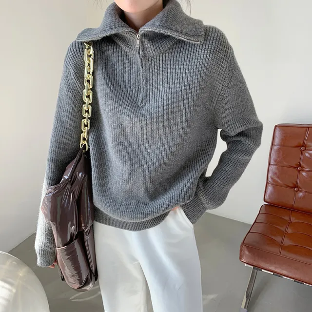 Women's Dacron Zipper Sweater Sweater Loose Outer Wear Bottoming Shirt Gray - Shop at LoveMi