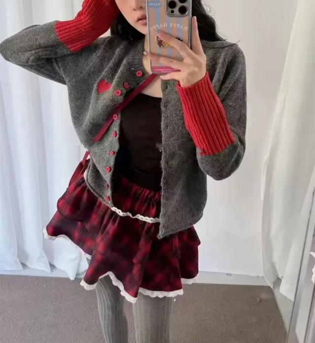 Women's Casual Fashion Gray Contrast Color Sweater Red - Shop at LoveMi