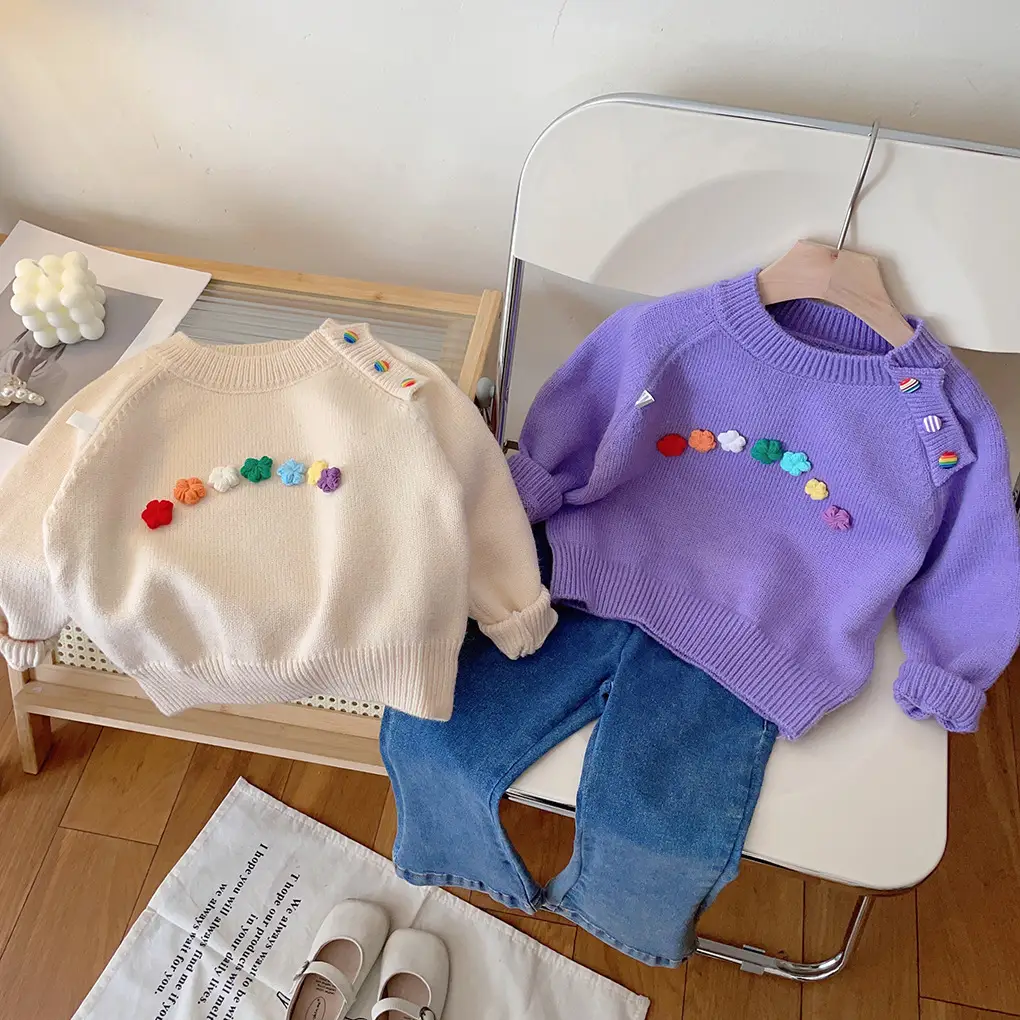 Children's Pullover Sweater with Floral Applique and Shoulder Buttons