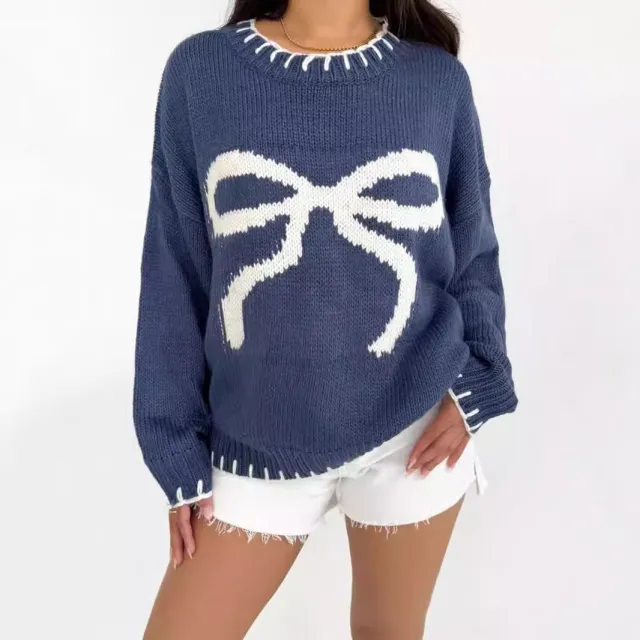 Fashion Special Women's Clothing Bow Brocade Sweater Blue - Shop at LoveMi