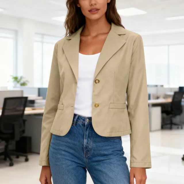 Women's Long sleeved Solid Color Cardigan Suit Jacket Beige - Shop at LoveMi