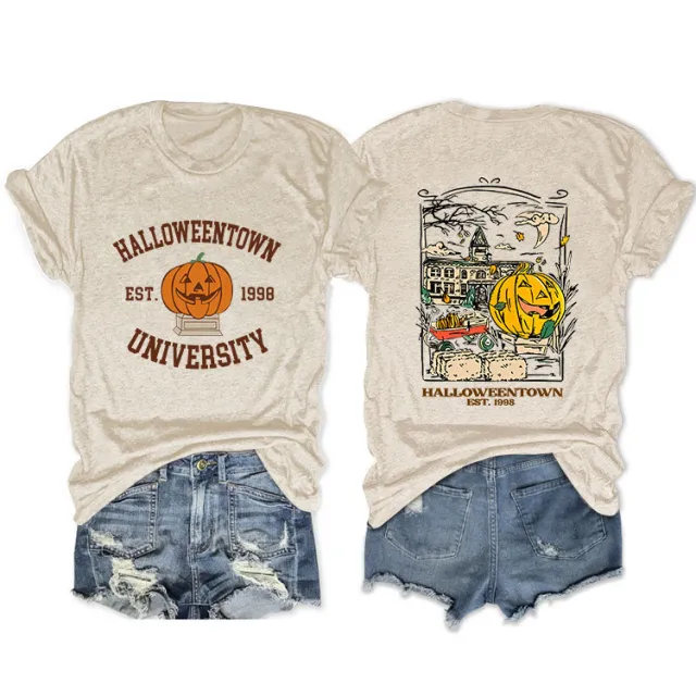 Loose Front And Rear Printed Short Sleeve Sand Color - Shop at LoveMi