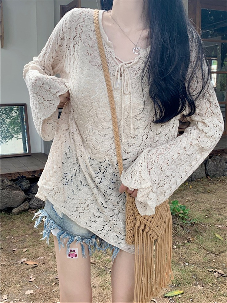 Ethnic Style V-neck Hollow Knitwear Women's Top