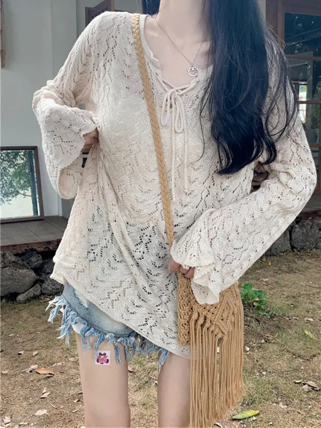 Ethnic Style V neck Hollow Knitwear Women's Top Beige - Shop at LoveMi