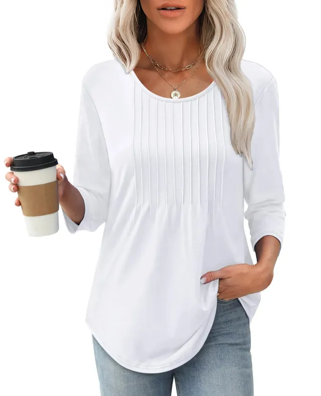 Women's Long Sleeve Top Fashion Casual Pleated Low Round Neck White - Shop at LoveMi