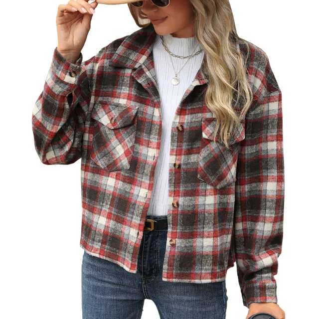 Lapel Plaid Button Loose Long sleeved Woolen Coat Red - Shop at LoveMi