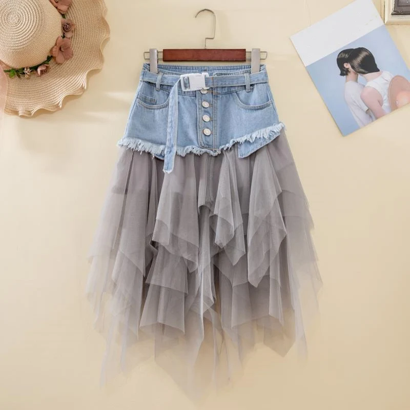 Title 8, Hoge taille denim rok met mesh stiksels en wass...