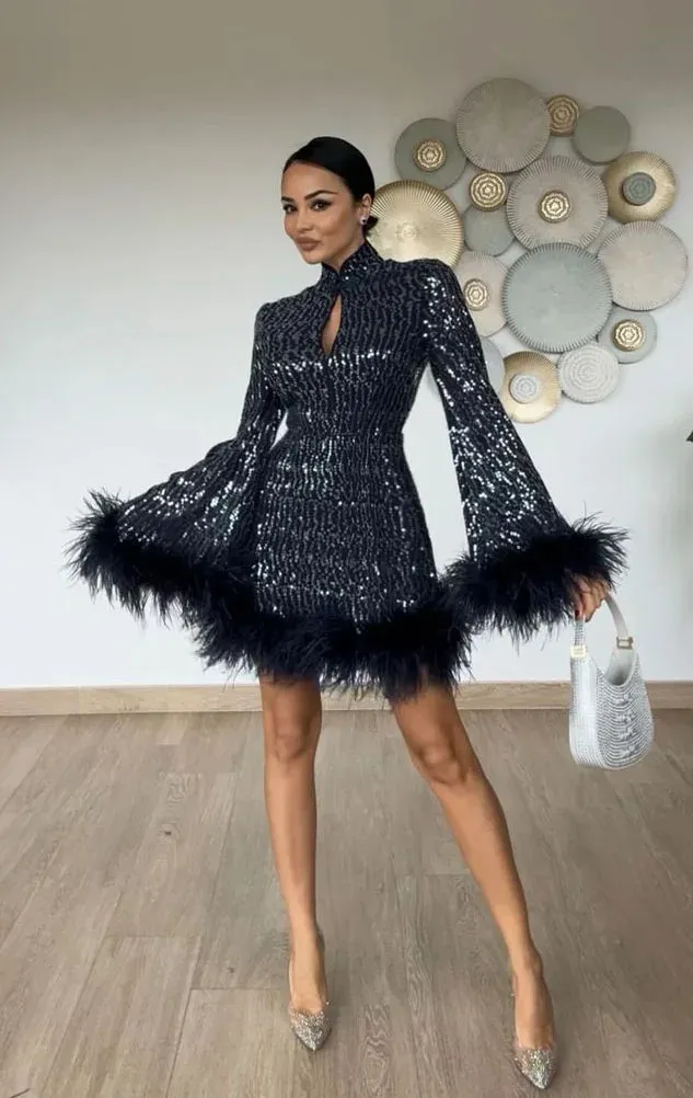Women's Sexy Button Hollow out Slim fit Sequined Fluff Skirt Blue - Shop at LoveMi