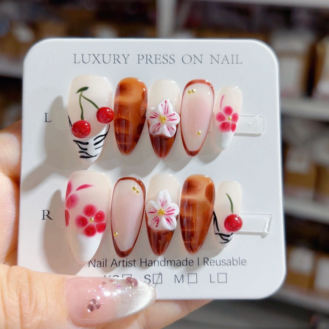 Amber Almond Nail Three dimensional Carved Autumn And Winter Painted Cherry D410 - Shop at LoveMi