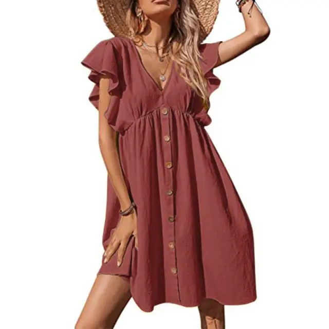Women's Midi Casual Pleated V neck Button Plus Size Dress Pink - Shop at LoveMi