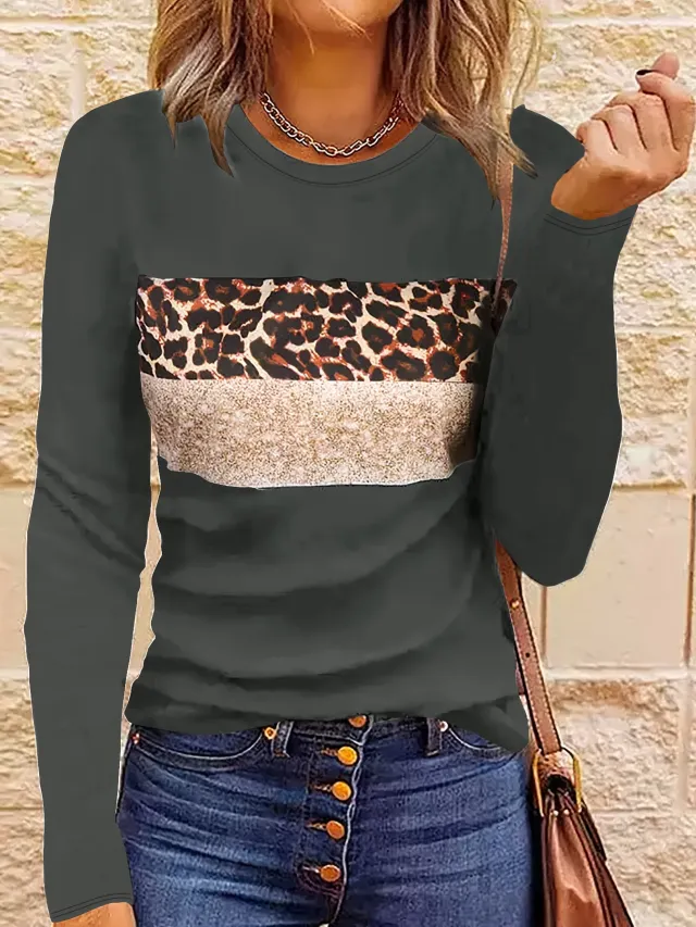 Women's Simple Casual Printing Long Sleeved Fitted T shirt Black And Gray - Shop at LoveMi