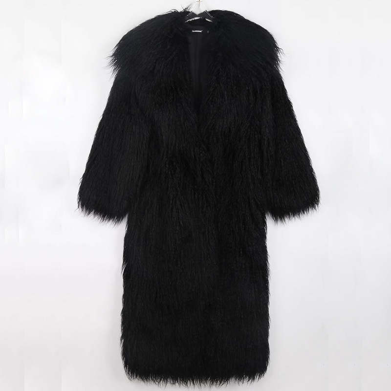 Long Tie Suit Collar Leisure Warm Environmental Protection Leather Fur Coat Black - Shop at LoveMi