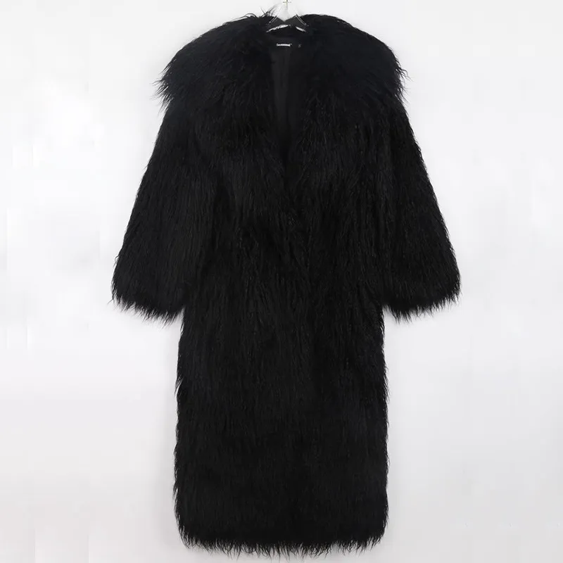 Long Tie Suit Collar Leisure Warm Environmental Protection Leather Fur Coat - Black