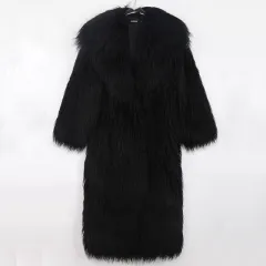 Long Tie Suit Collar Leisure Warm Environmental Protection Leather Fur Coat - Black - View 1
