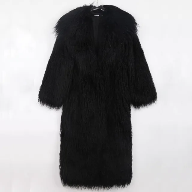 Long Tie Suit Collar Leisure Warm Environmental Protection Leather Fur Coat Black - Shop at LoveMi
