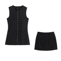 Women's Black Pinstripe Vest Suit - One Set - View 1