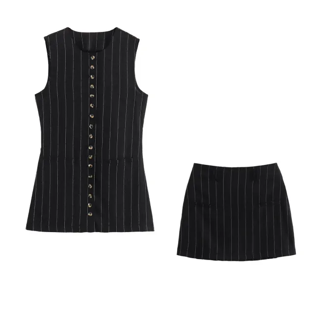 Women's Black Pinstripe Vest Suit One Set - Shop at LoveMi