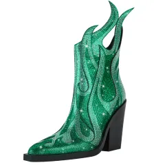 New Sexy Square Toe Chunky Heel Rhinestone Flame Martin Boots - Green - View 1