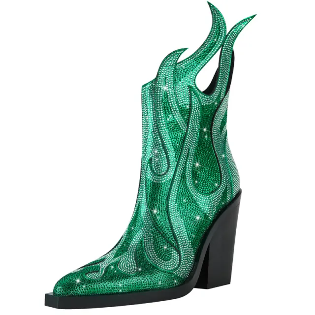 New Sexy Square Toe Chunky Heel Rhinestone Flame Martin Boots Green - Shop at LoveMi
