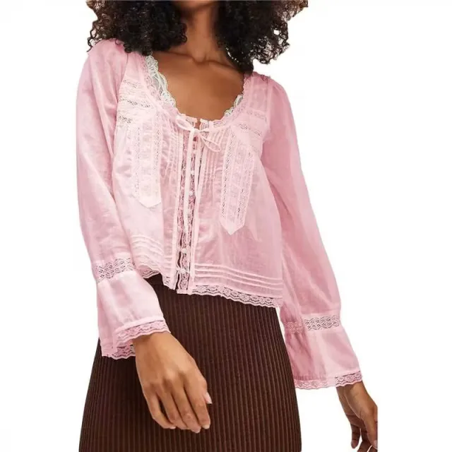 Lace U shaped Lace Collar Long Sleeve Light Shirt Pink - Shop at LoveMi