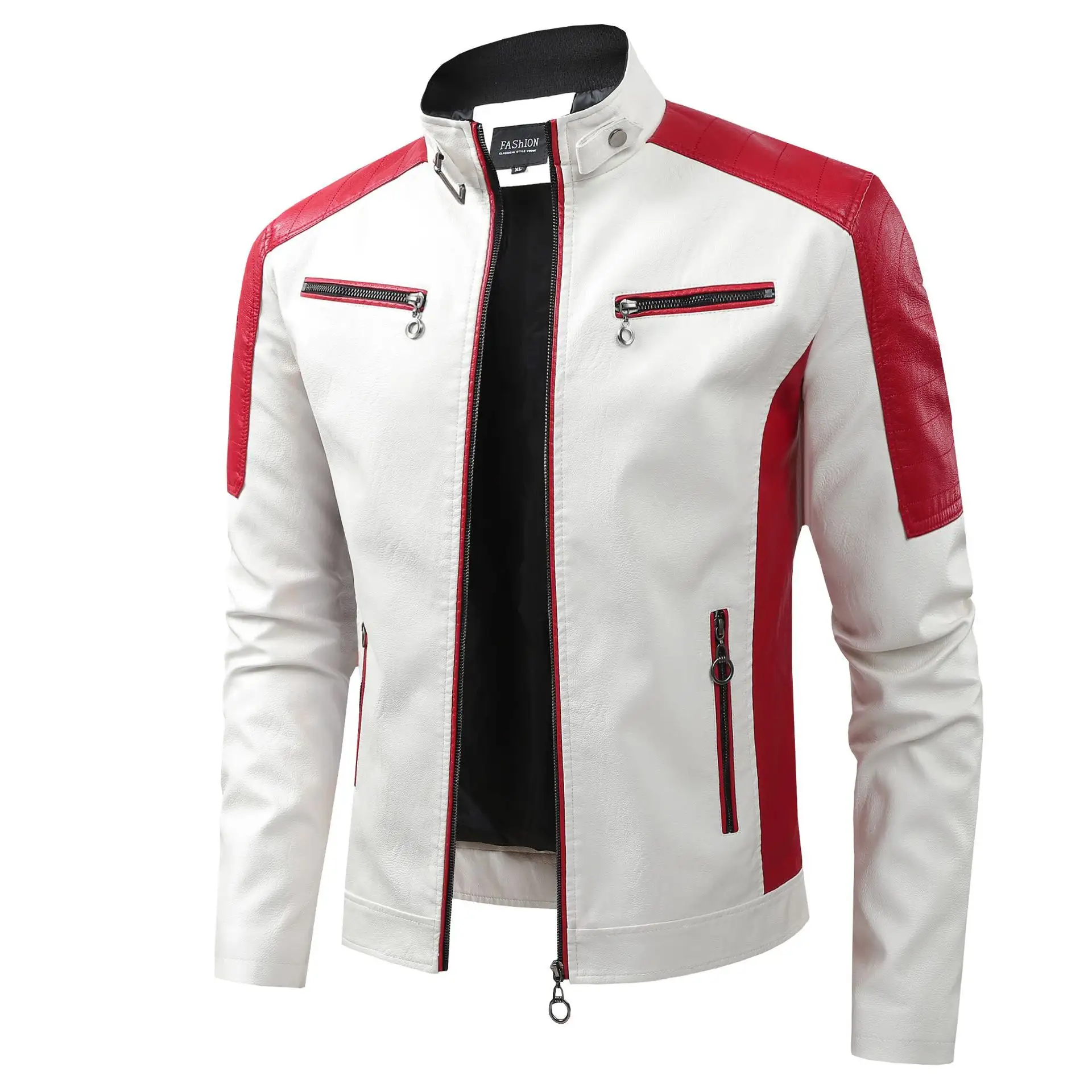 AutumnWinter Casual Biker-Style Patchwork Leather Jacket