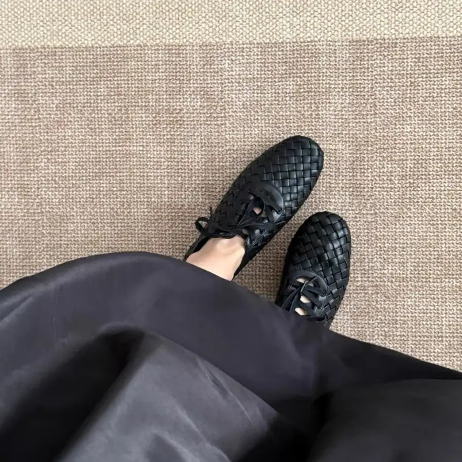 Womens Retro Handwoven Square-Toe Flat Shoes