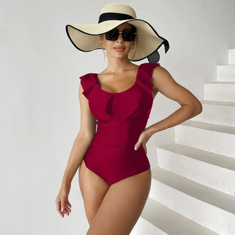 One-piece Bikini Black Polyester Fabric Lotus Leaf Flying Edge Plus Size Conservative Swimwear Women - Red