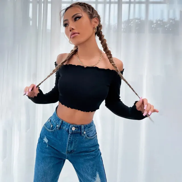 Women's Casual Off shoulder Knit Long Sleeve Crop Top Black - Shop at LoveMi