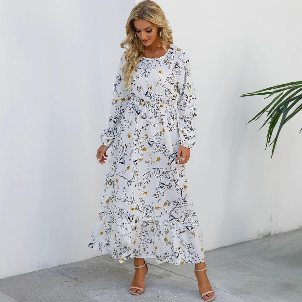 Womens Versatile Round-neck Floral Chiffon Dress