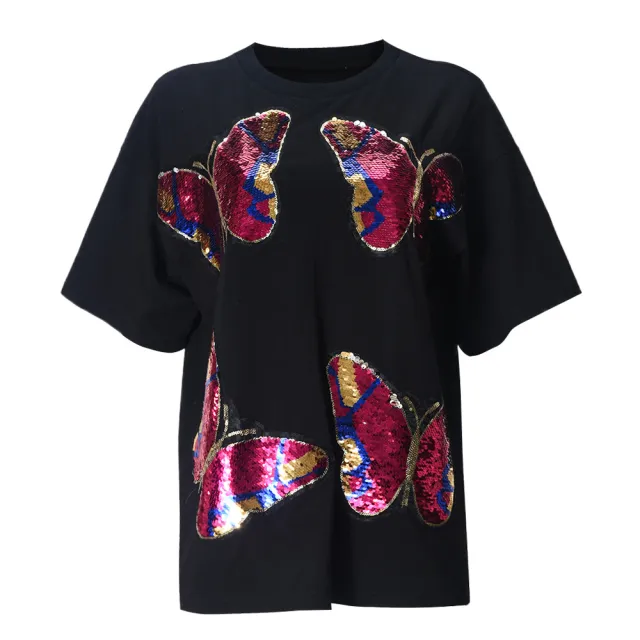 Personality Street Sequin Embroidered Crew Neck Women's Short Sleeve Black - Shop at LoveMi