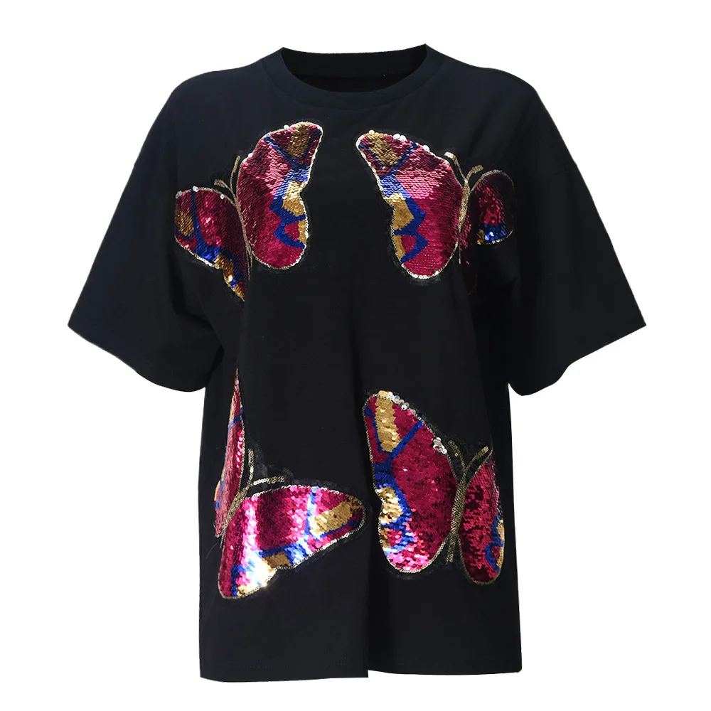 Personality Street Sequin Embroidered Crew Neck Women's Short Sleeve - Black