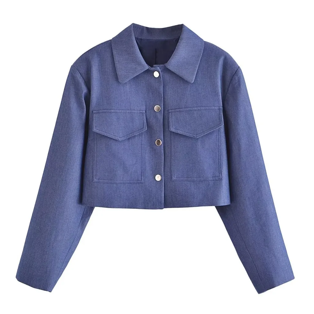 Double Pocket Cropped Coat Top High Waist Wide Leg Pants Suit - Top-Xs