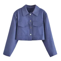 Double Pocket Cropped Coat Top High Waist Wide Leg Pants Suit - Top-Xs - View 1