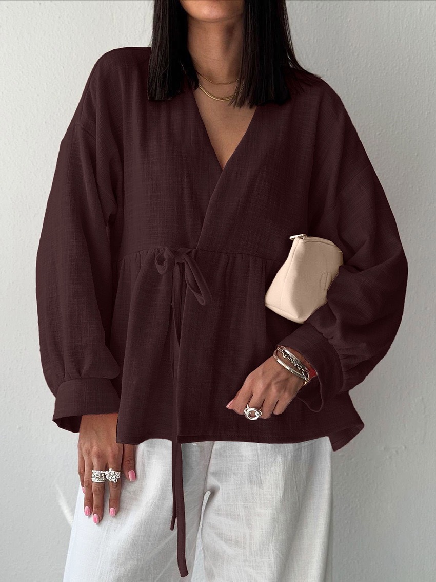 Shirt Women's Imitation Cotton And Linen Lace-up Stomach Blanket Long Sleeve Top
