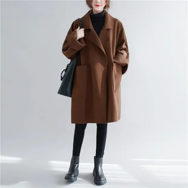 Korean Style Mid length Woolen Coat For Plus Size Girls Slimming Trench Coat Camel - Shop at LoveMi