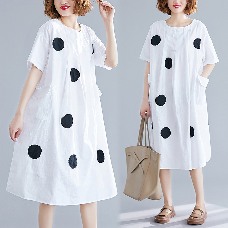 Summer New Large Size Women's Clothing Korean Style Polka Dot Print Loose Slimming Midi Dress