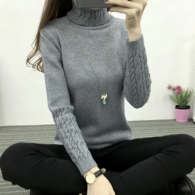 Turtleneck Cable knit Pullover Thickened Slim Fit Slimming Sweater Gray - Shop at LoveMi