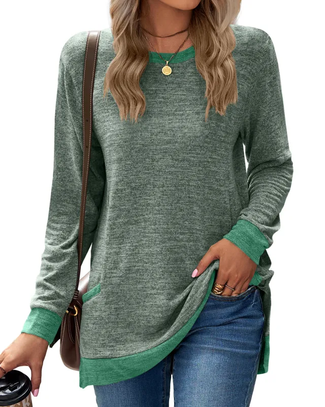 Round Neck Multicolor Pocket Long Sleeve Pullover Top Loose fitting Casual T shirt Army Green - Shop at LoveMi