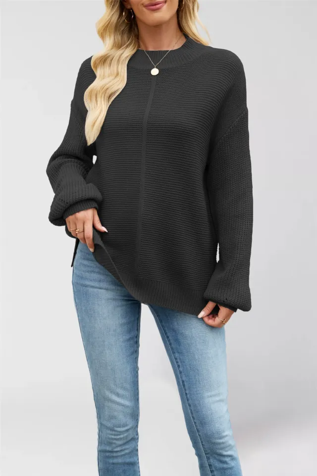 Knitted Solid Color Half Collar Loose Pullover New Sweater Black - Shop at LoveMi