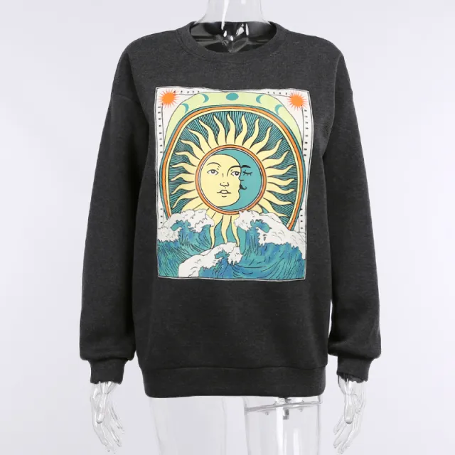 Women's Knitted Round Neck Print Long Sleeves Sweater Gray - Shop at LoveMi