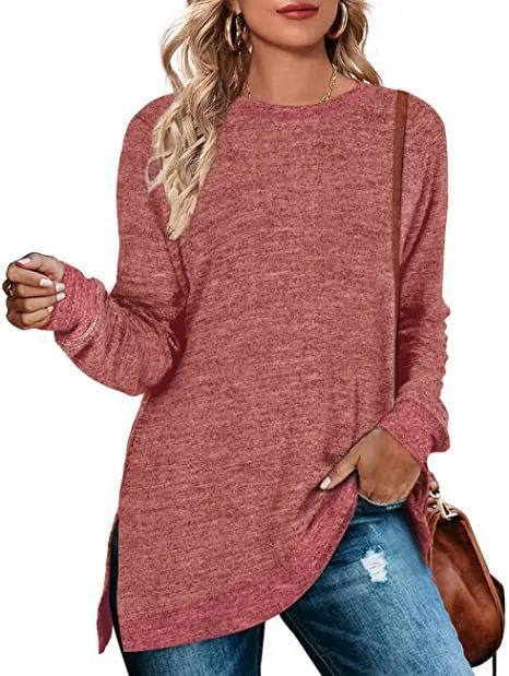 Long Sleeve Round Neck Multicolor Split Top Loose Leisure Pullover T-shirt - Wine
