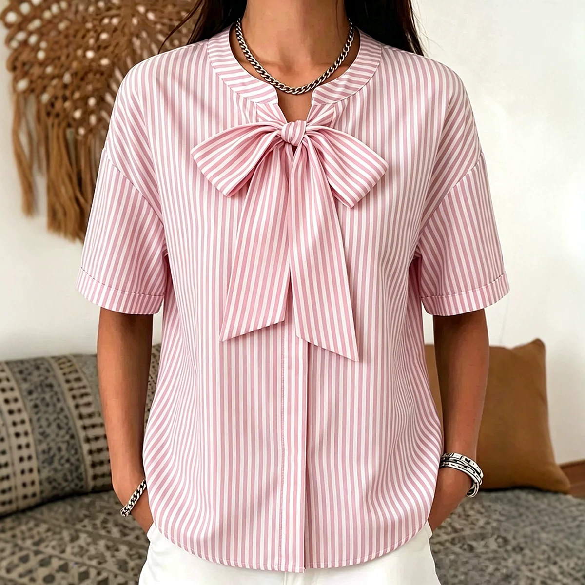 Simple Striped Casual Short-sleeve Shirt With A Bow Tie