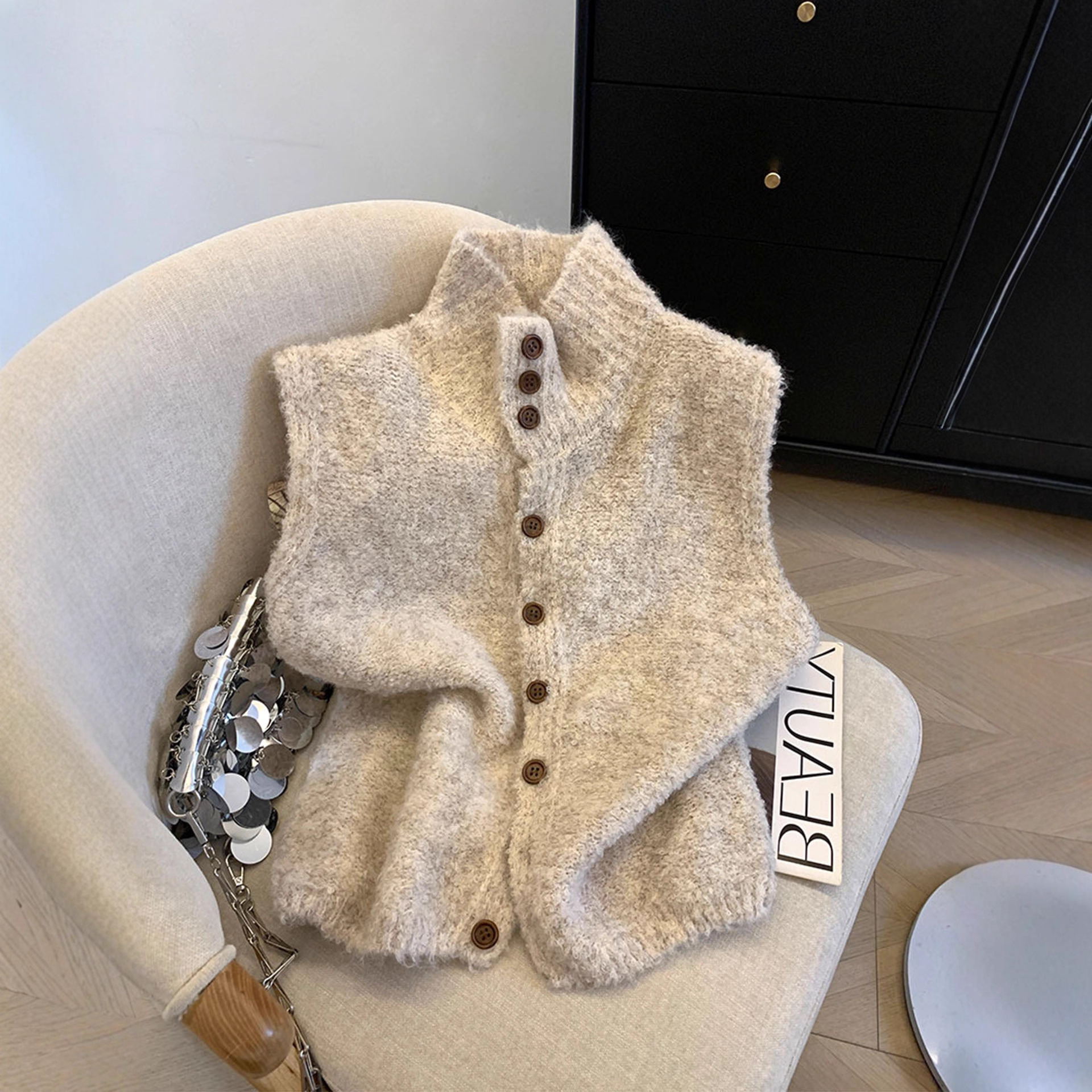 Beige Soft And Cozy Knitted Vest Cardigan For Women