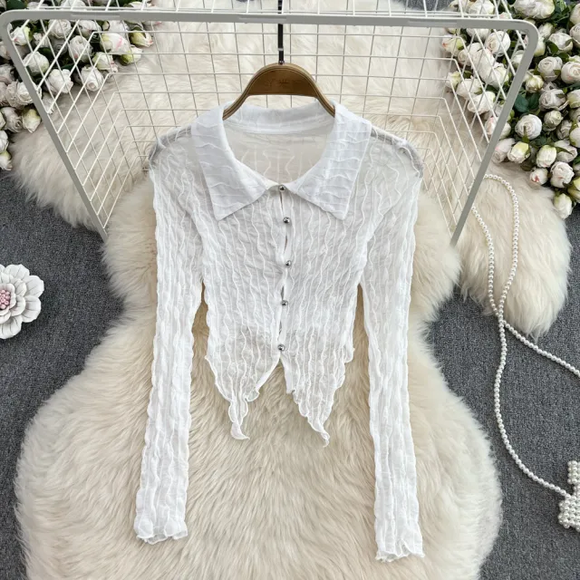 French Retro Sexy See through Long Sleeves Irregular Short Dovetail Shirt White - Shop at LoveMi