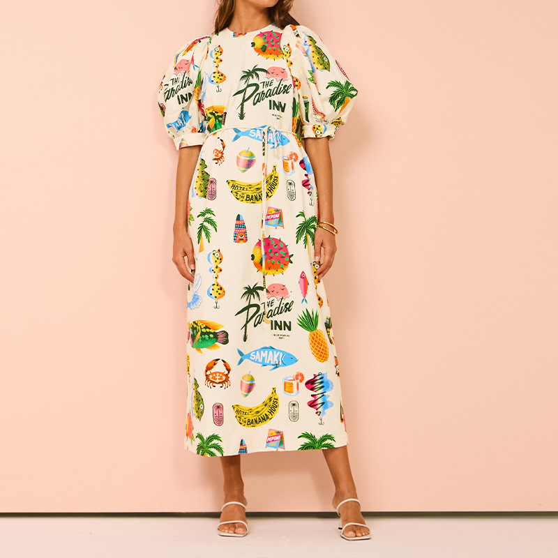 New Summer Printed Puff Sleeve Pocket Belt Mid-length Dress
