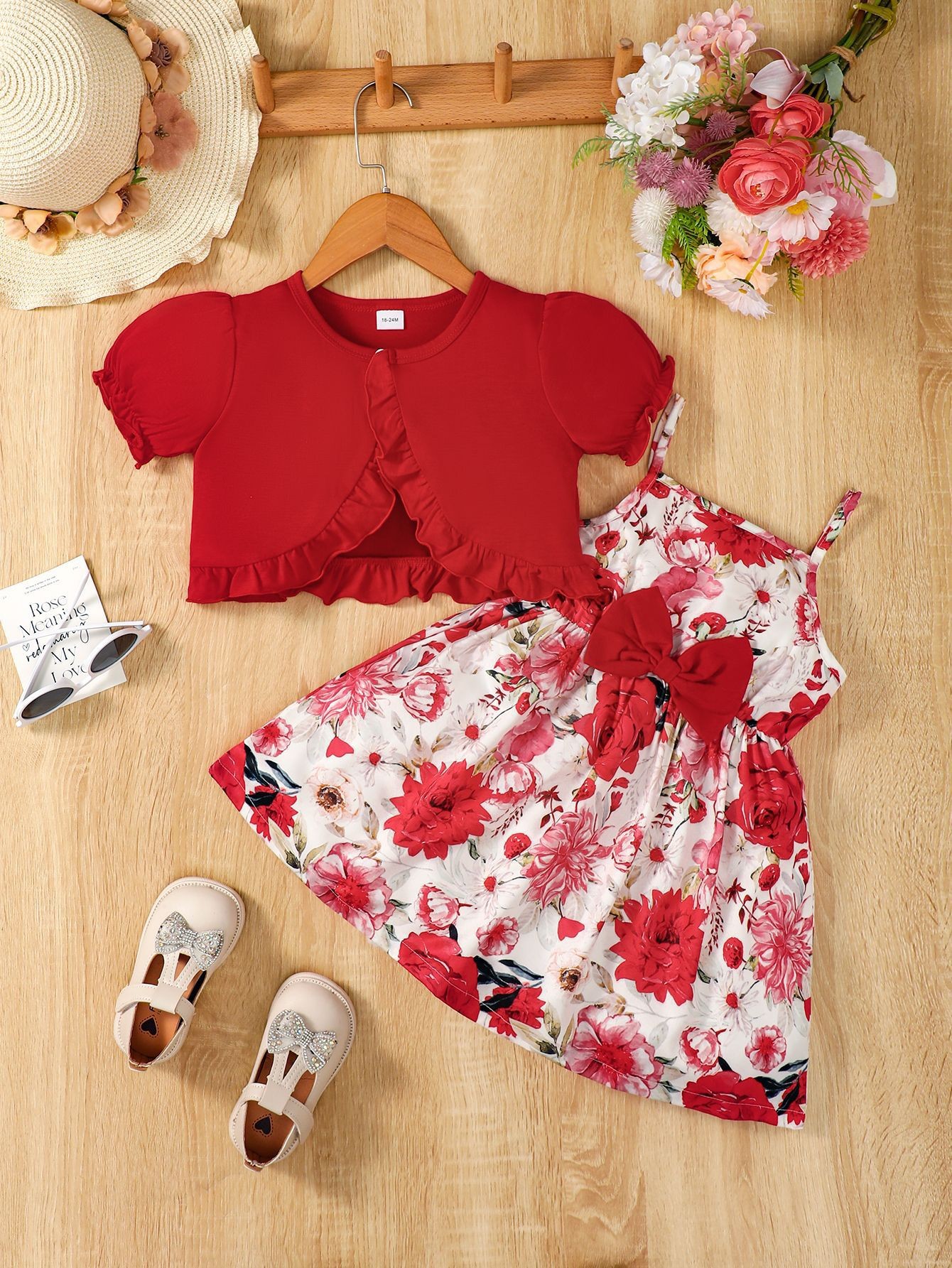 Sweet Little Girl's Floral Print Bowknot Suspender Dress Set